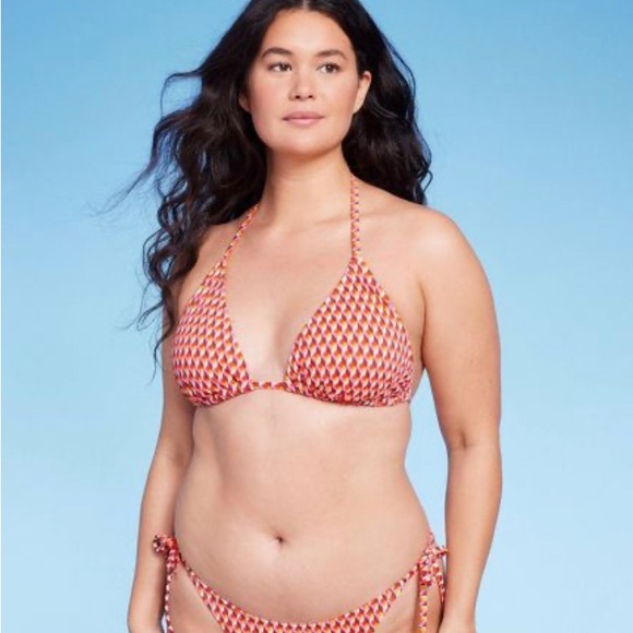 WILD FABLE BIKINI TOP RIBBED TRIANGLE FIT MULTI COLOR GEOMETRIC PRINT NWT - Picture 4 of 7